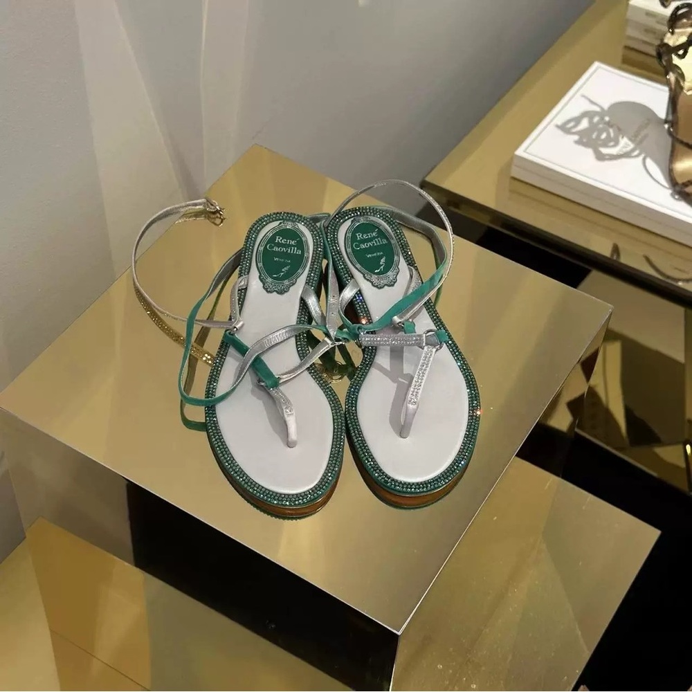 Authentic Almost New Euro 37 Rene Caovilla Emerald Satin & Silver Suede scandal